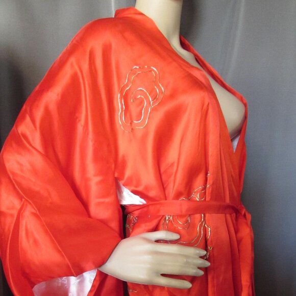 Exotic Kimono Style Robe Cherry Red Gold Blue Metallic Accents - Picture 7 of 16